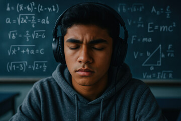 Focused teenage student listening to music with headphones in front of a chalkboard filled with complex mathematical equations