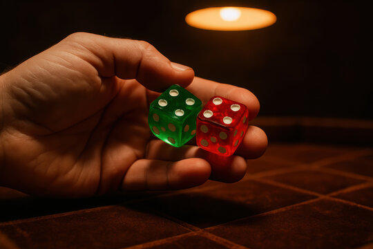 Closeup of a hand holding red and green translucent dice with white dots above a gaming table under warm ambient light