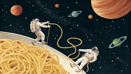 Astronauts Exploring a Spaghetti Planet in Outer Space