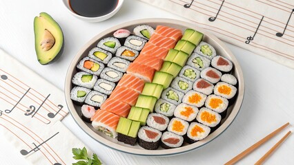 Assorted Sushi Platter with Musical Notes on White Background