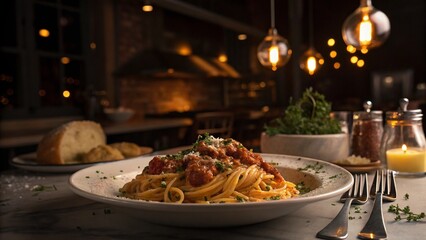 Cozy Italian Dinner: Spaghetti with Meat Sauce in a Warm Setting