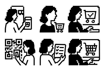 Pixel art icons of female shopping activities with technology