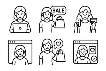 Minimalist black line icons of female characters in shopping and online activities