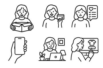 Online shopping icons: female characters with box, card, laptop, and smartphone