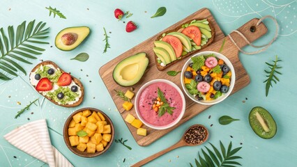 Vibrant Vegan Breakfast Spread with Avocado Toast, Smoothie Bowls, and Fresh Fruits