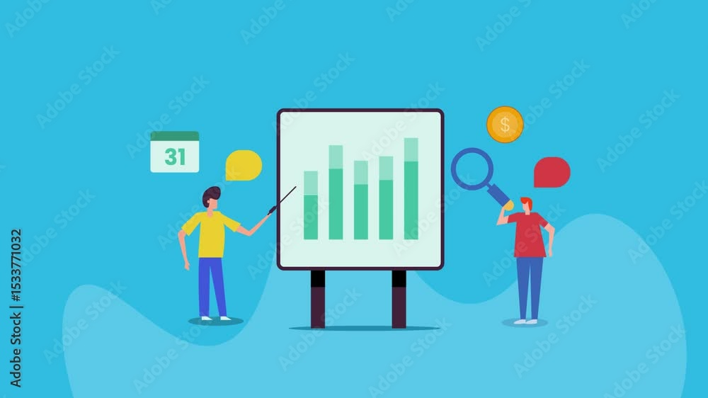 Poster business performance graph presented on the board, team of analytics experts evaluate calendar based