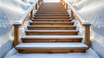 Wooden staircase covered in fresh snow leading upwards