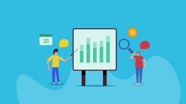 Business performance graph presented on the board, team of analytics experts evaluate calendar based monthly investment and revenue report.