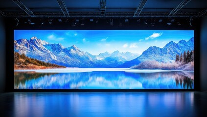 Large LED screen displaying beautiful scenery of Qingshui Lake in Sichuan, China, with snow-capped mountains and a blue sky reflected on the water surface.