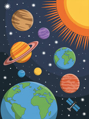 Illustration of the solar system with planets sun stars and a satellite in a dark blue background