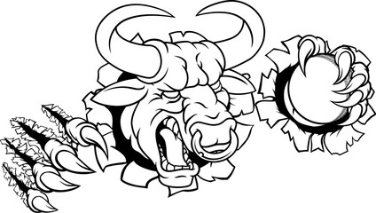 A bull or Minotaur monster longhorn cow angry mean cricket mascot cartoon character.