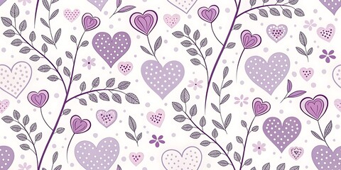 Background with hearts and dots, seamless pattern, vector drawing, light violet color