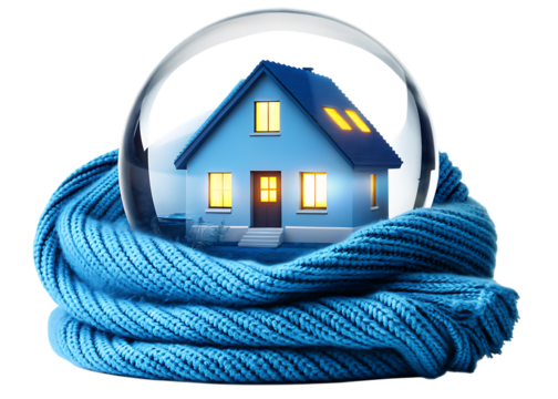 Cozy home inside snow globe wrapped in knitwear isolated on a white background