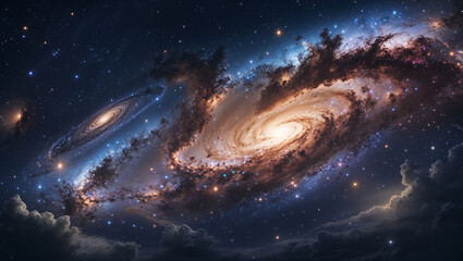 Fototapeta premium Majestic spiral galaxies floating amidst a starry universe and dark cosmic clouds