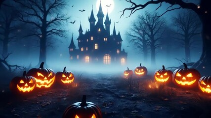 3D halloween forest path with glowing pumpkins and purple mist. Halloween background - Powered by Adobe