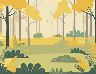 A forest landscape with trees, green grass and bushes