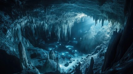 Stalactites and stalagmites fill deep limestone cave with clear blue water. Cool light filters from above, revealing textures and rock formations in this geological underground scene. Generative AI