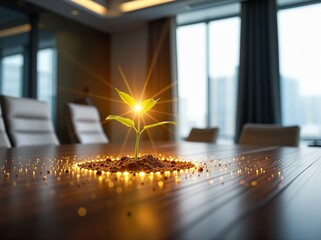 Bright Seedling Symbolizing Growth in Modern Office Environment