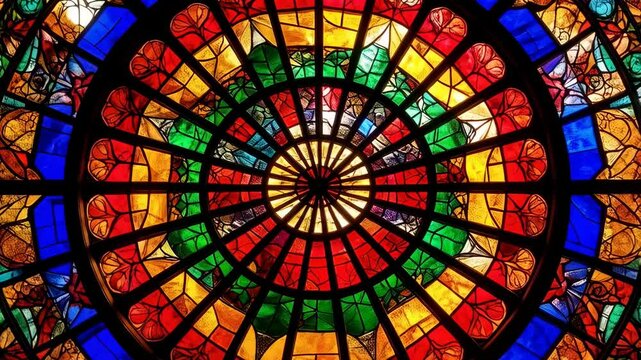 Circular stained glass window design featuring red, blue, green, and yellow panes and symmetrical patterns.