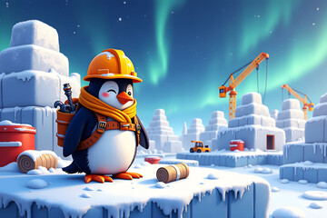 A smiling penguin construction worker stands among snowy terrain and aurora borealis scene