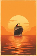 A cruise ship glides across the ocean at sunset, its silhouette a serene sight against the vibrant sky