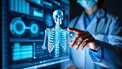 Medical Professional Interacting with a Futuristic Skeleton Display Interface