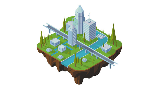 Isometric view of a cartoon city on a floating island with buildings and a bridge over a river