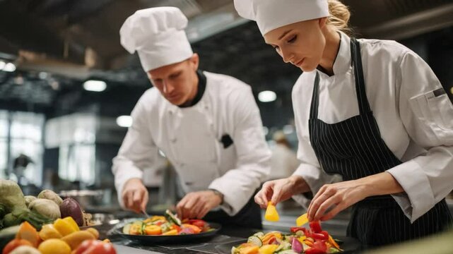 Culinary Harmony: Two culinary professionals orchestrate a symphony of flavors and textures, their focused collaboration transforming fresh ingredients into exquisite plates. 
