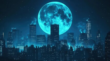 Night city skyline with tall buildings lit by lights, large full moon dominates sky, reflection on water visible below, some scattered clouds present. Generative by AI