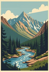 Winter mountain landscape with snowy peaks, forest, and a tranquil lake under a vast sky