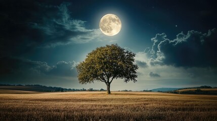 Single tree on grassy hill under full moon in starry night sky, tree casts shadow, surrounding landscape mostly flat with gentle hills. Generative by AI