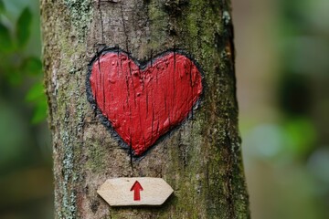 A red heart is painted on the trunk of an old tree in nature, symbolizing love and connection with Mother Earth.
