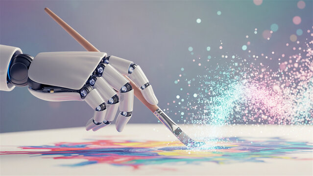 筆で絵を描くロボットの手と電子的表現