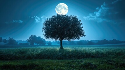 Single tree on grassy hill under full moon in starry night sky, tree casts shadow, surrounding landscape mostly flat with gentle hills. Generative by AI