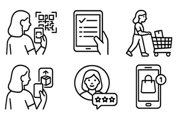 Digital shopping: female adult icons for qr, tablet, cart, review, notification