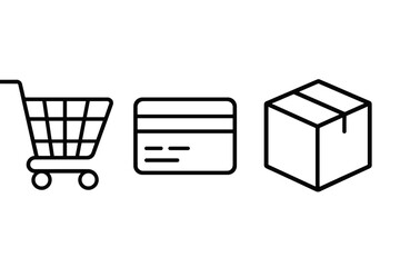 Shopping cart, credit card, and box icons on gray background for online shopping concept