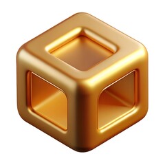 Golden rendered cube geometric shape with shiny smooth surface isolated on white background
