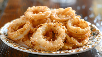 Crispy golden fried calamari rings served with a creamy dipping sauce and fresh parsley Gourmet fried calamari with lime and sauce, Generative AI