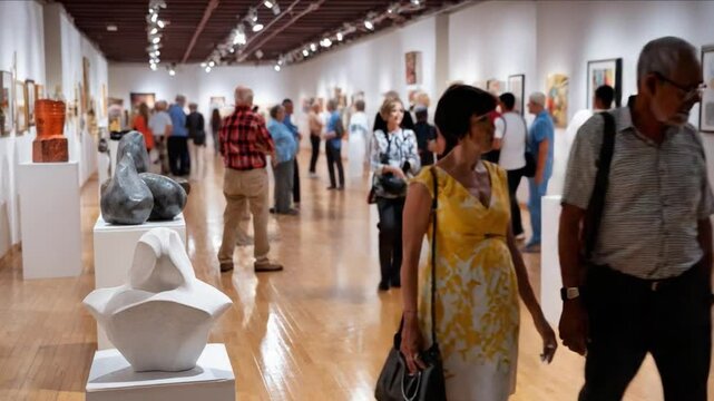Art Gallery Opening: A diverse crowd of art enthusiasts admire sculptures and paintings during a lively gallery opening. The warm lighting and polished wooden floors create an elegant atmosphere.