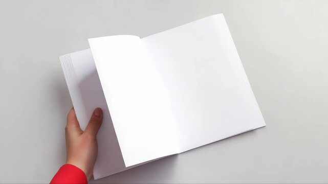 Hand turning blank book pages, revealing pristine white surface with smooth, rhythmic motion against clean white backdrop