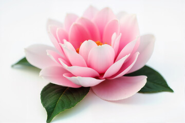 Detailed macro shot of a pink lotus flower with layered petals and green leaves on a bright white background 