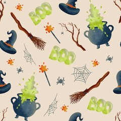 Cute Halloween pattern with witch's cauldron, hat and broom. Magic, Seamless