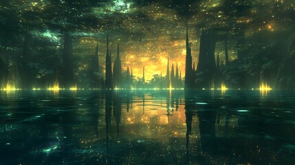 Still lake with reflection of a glowing fantasy realm above and below with stars and ethereal lights beneath the surface surreal setting