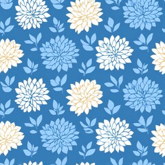 Blue and White Floral Seamless Pattern with Detailed Flower Designs on a Soft Background