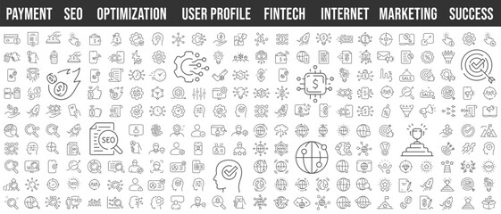 Fototapeta na wymiar Finance, payment, marketing, seo, internet, optimazation, success, user profile. Editable stroke. Big line icon set
