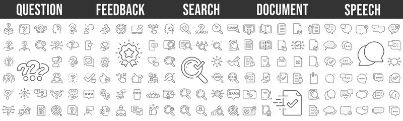 Feedback, question mark, research, documents, speech bubble. Editable stroke. Big line icon set