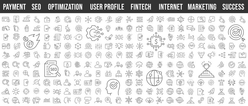 Finance, payment, marketing, seo, internet, optimazation, success, user profile. Editable stroke. Big line icon set