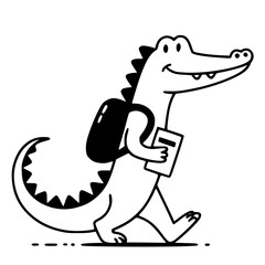A line drawing illustration of a friendly cartoon alligator or crocodile, walking with a backpack and holding a book or notebook. 