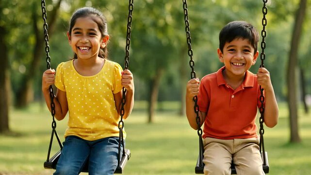 Two children smiling on swings in a park, captured in a warm, candid style. The video is shot at eye level, emphasizing their joyful expressions.