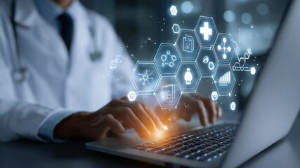 Medical Technology: A doctor types on a laptop, surrounded by holographic medical icons, symbolizing the future of healthcare and technological integration in medicine. - Powered by Adobe